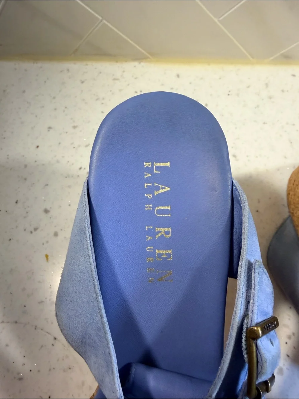 Ralph Lauren Periwinkle Suede Cork Wedge Sandals